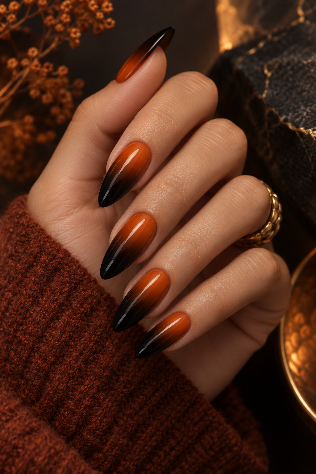 Ombre Orange-to-Black Tips Halloween French tip nails