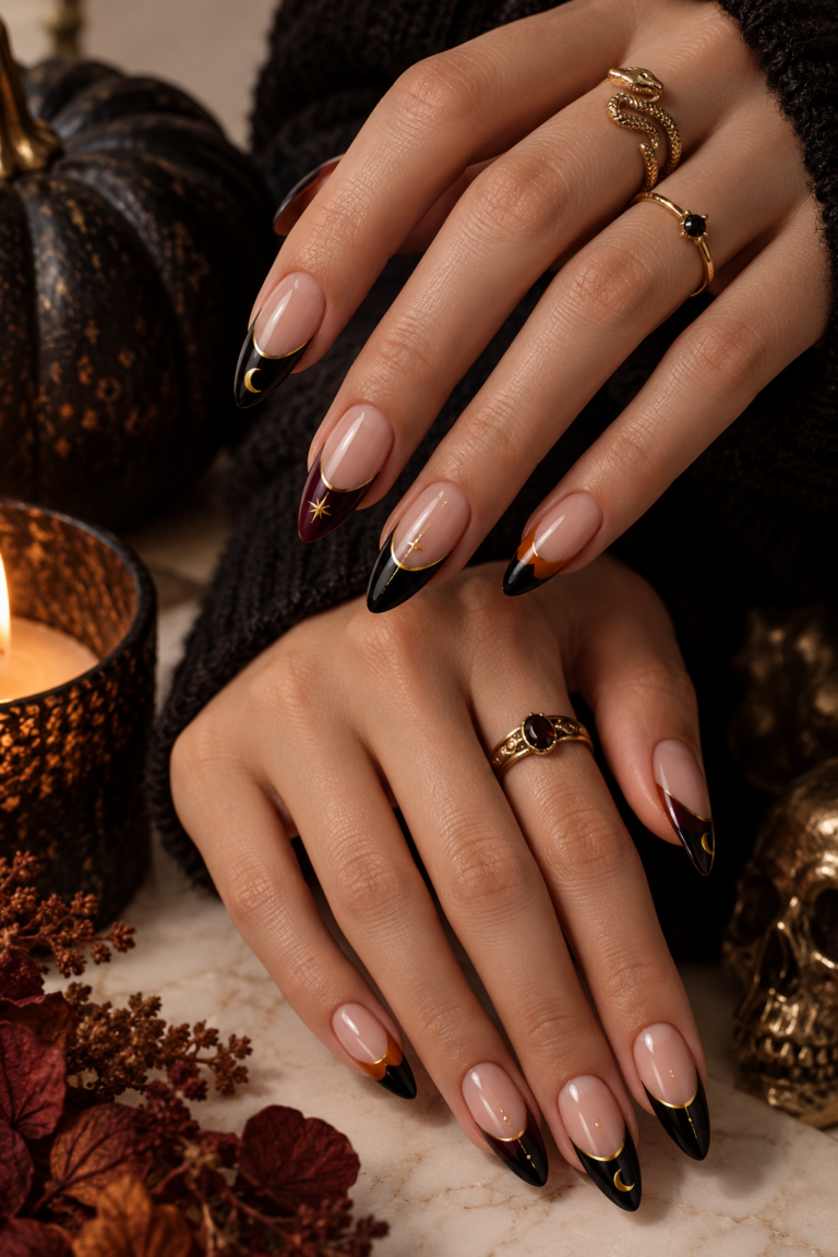 Halloween French tip nail art with a polished soft-glam finish