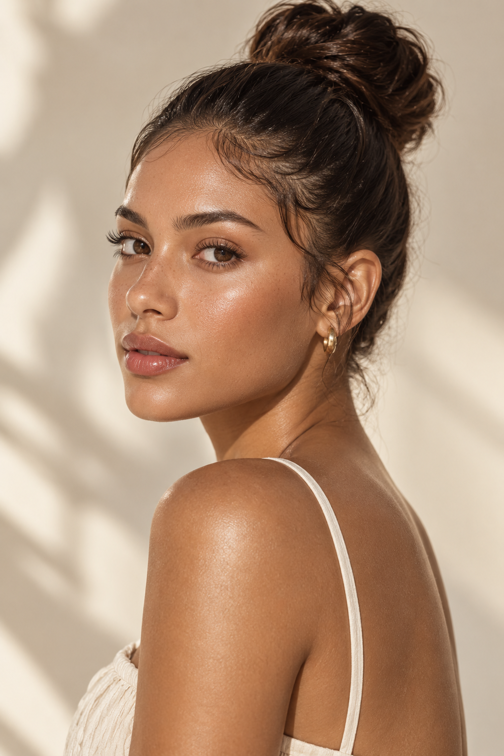 low bun with oversized scrunchie hot weather hairstyle