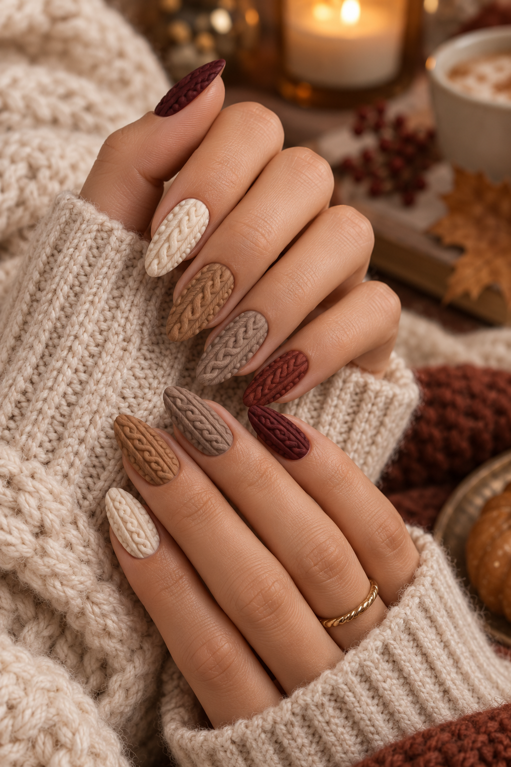 November nail ideas: cable-knit sweater nails
