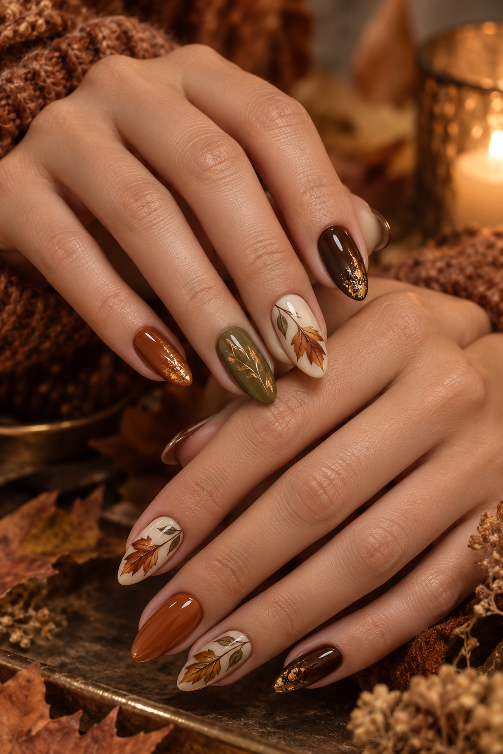 November nail ideas: falling leaves art