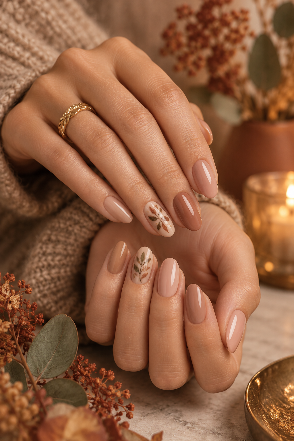 November nail ideas: nude with leaf accent