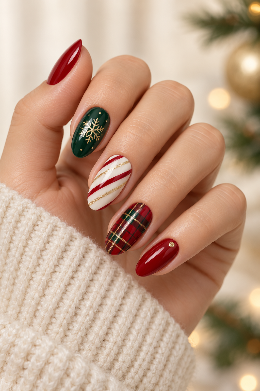 Tiny holly Christmas nail design