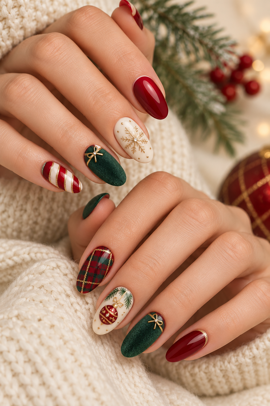 Minimal green French Christmas nails
