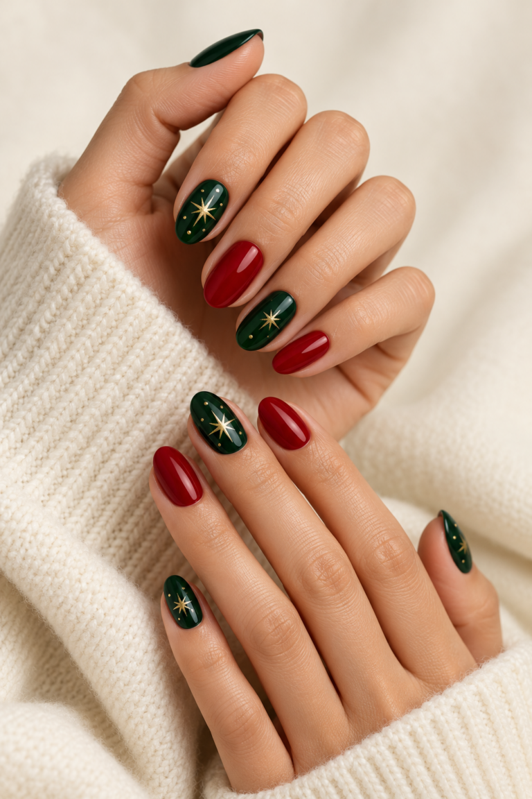 Festive red and green Christmas manicure with gold accents