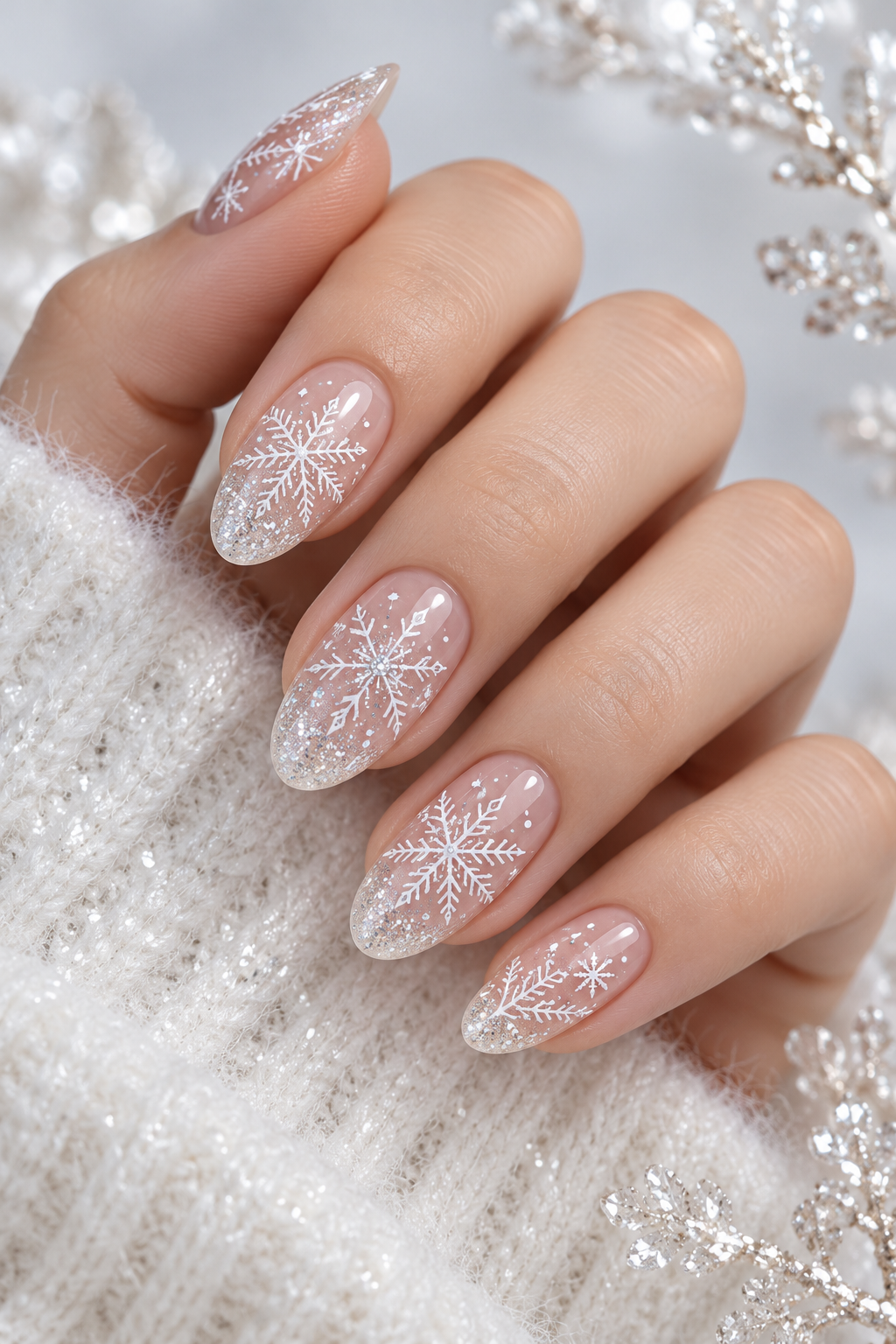 snowflake nails: icy white snowflakes on sheer nude