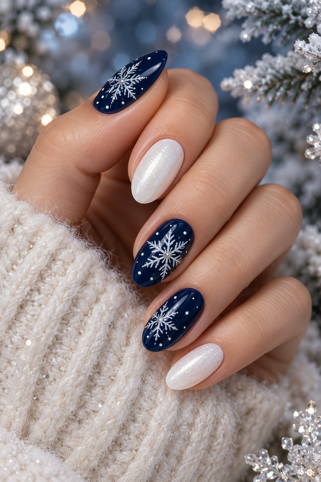 snowflake nails: classic navy and white snowflakes