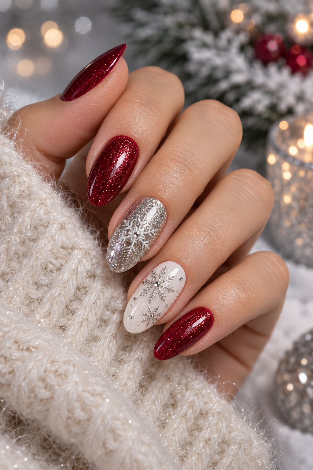 snowflake nails: glittering silver snowflake accents