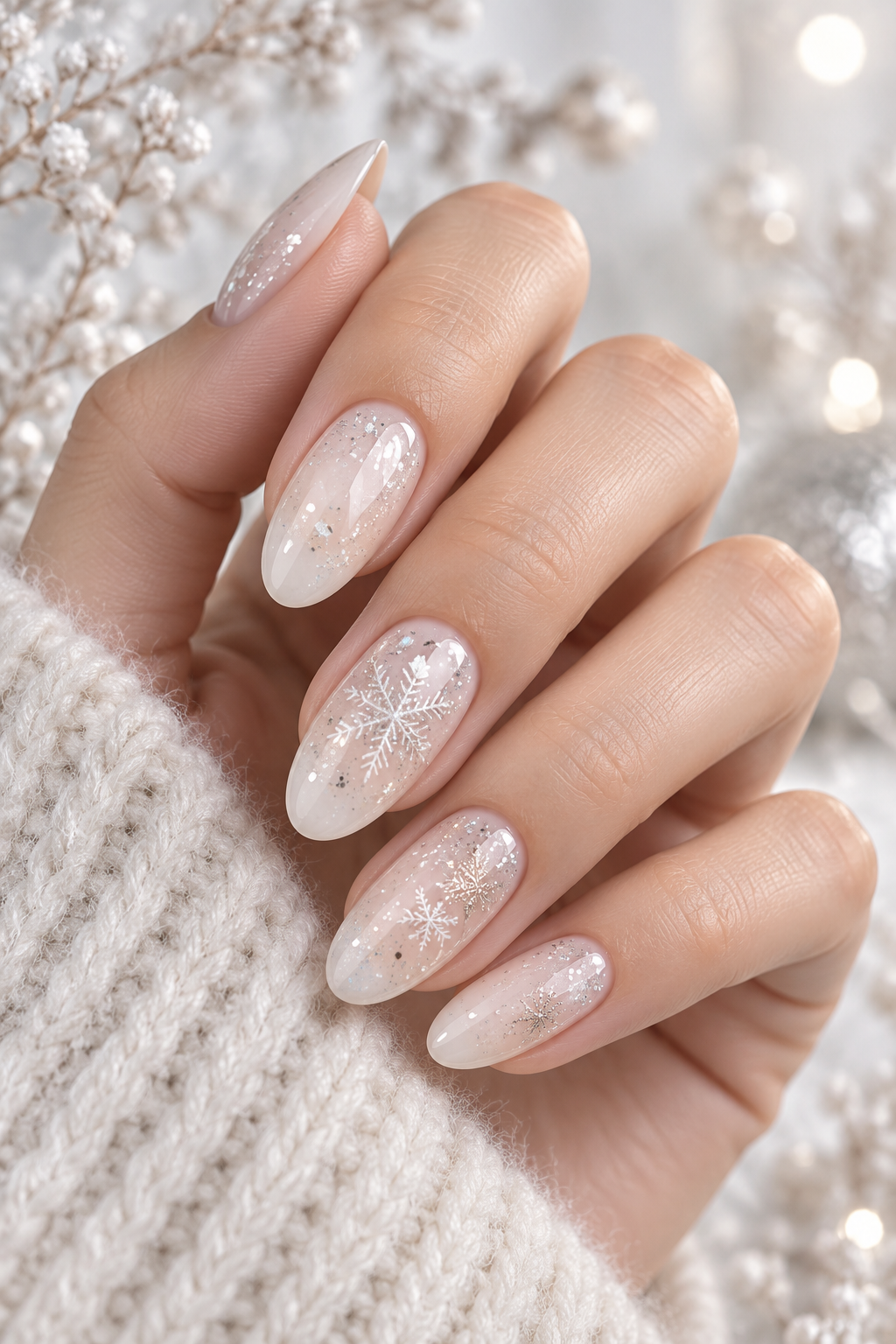 snowflake nails: milky winter nails with tiny flakes