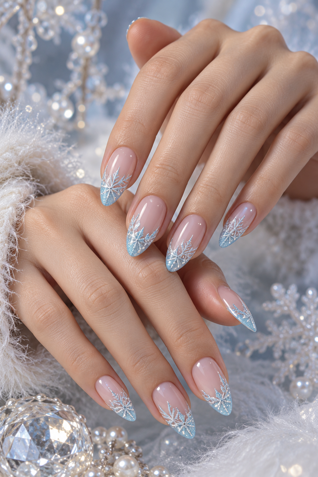 snowflake nails: pale blue snowflake french tips