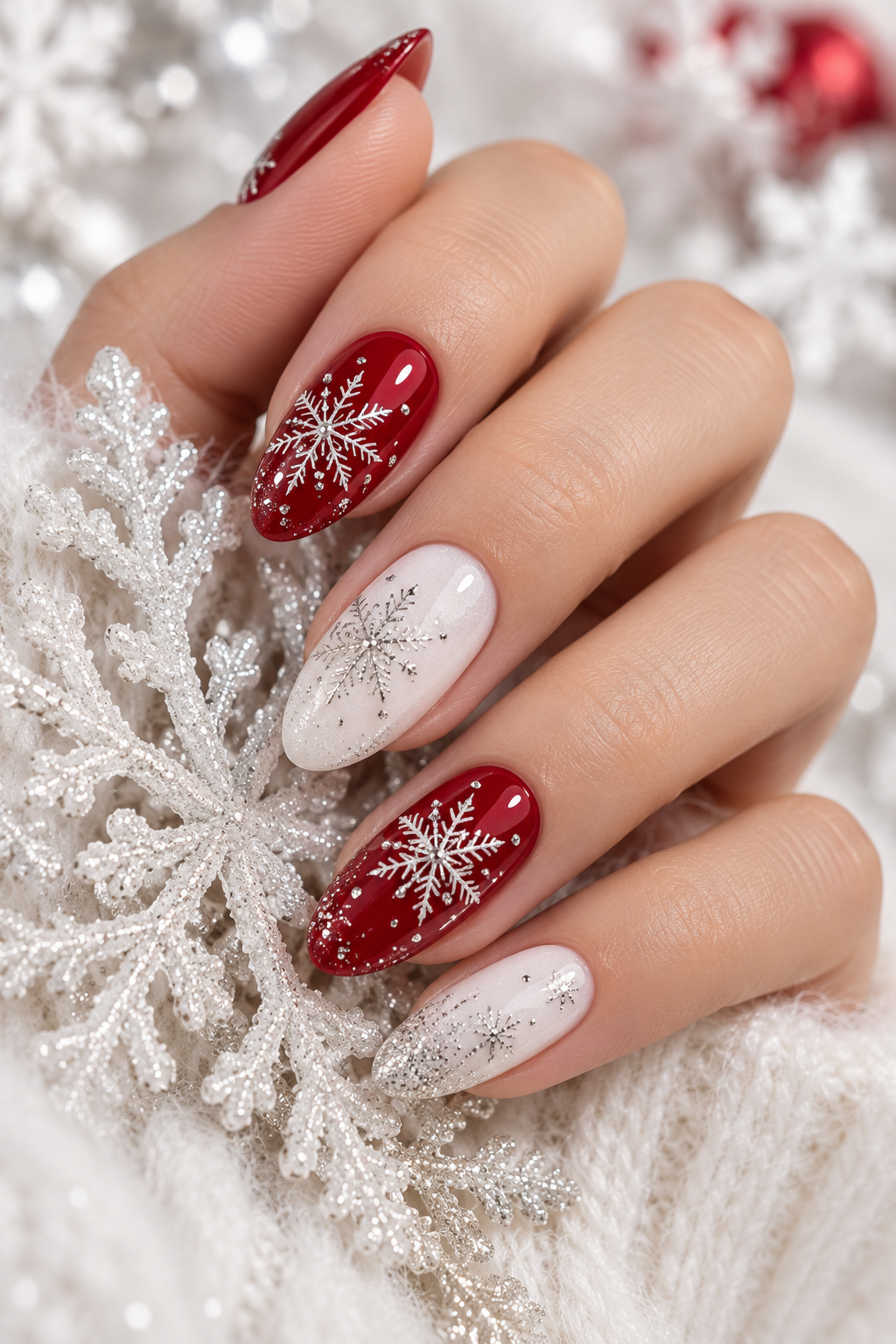snowflake nails: red and white holiday snowflakes