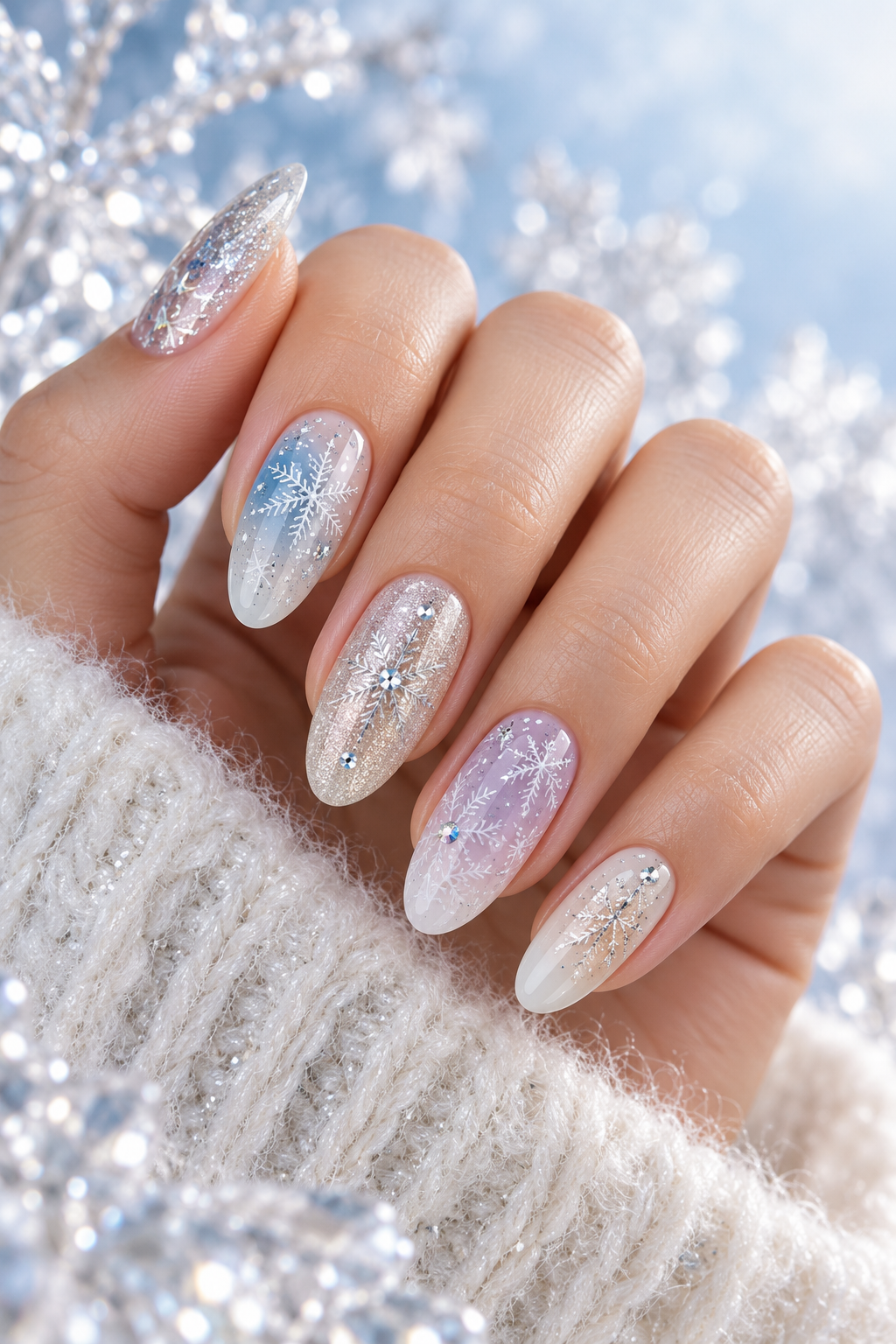 snowflake nails: snowflakes over frosty ombré