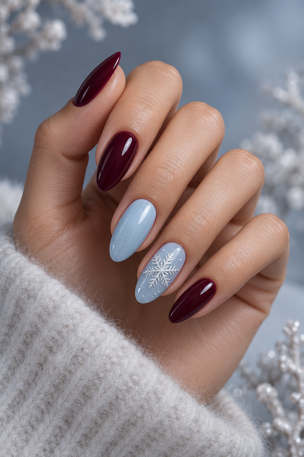 snowflake nails: minimal single-snowflake accent nails