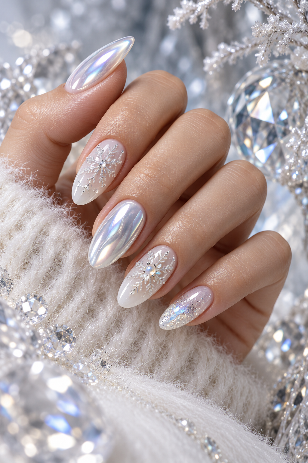 snowflake nails: pearl chrome winter manicure