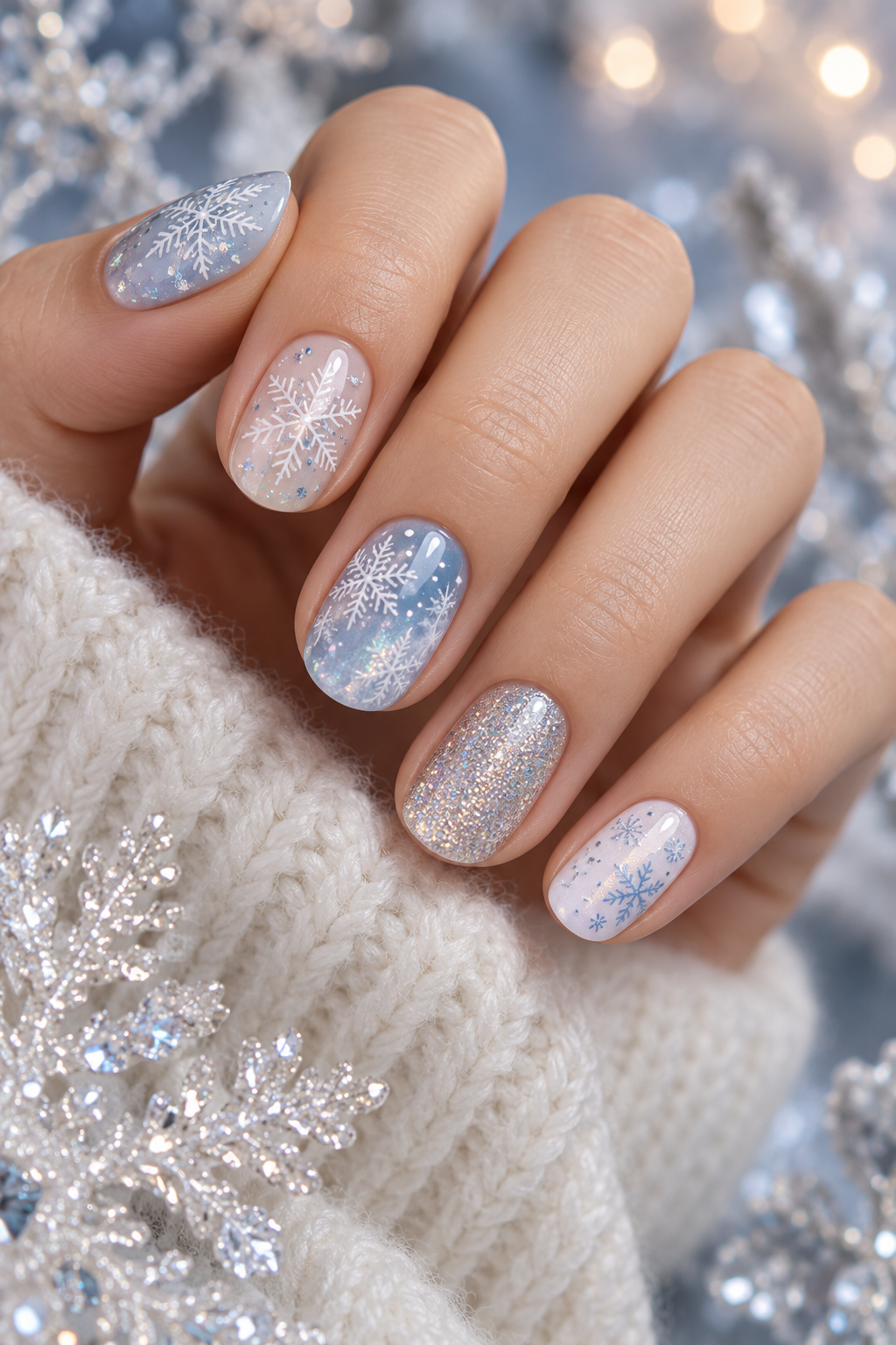 snowflake nails: short rounded snowflake nails