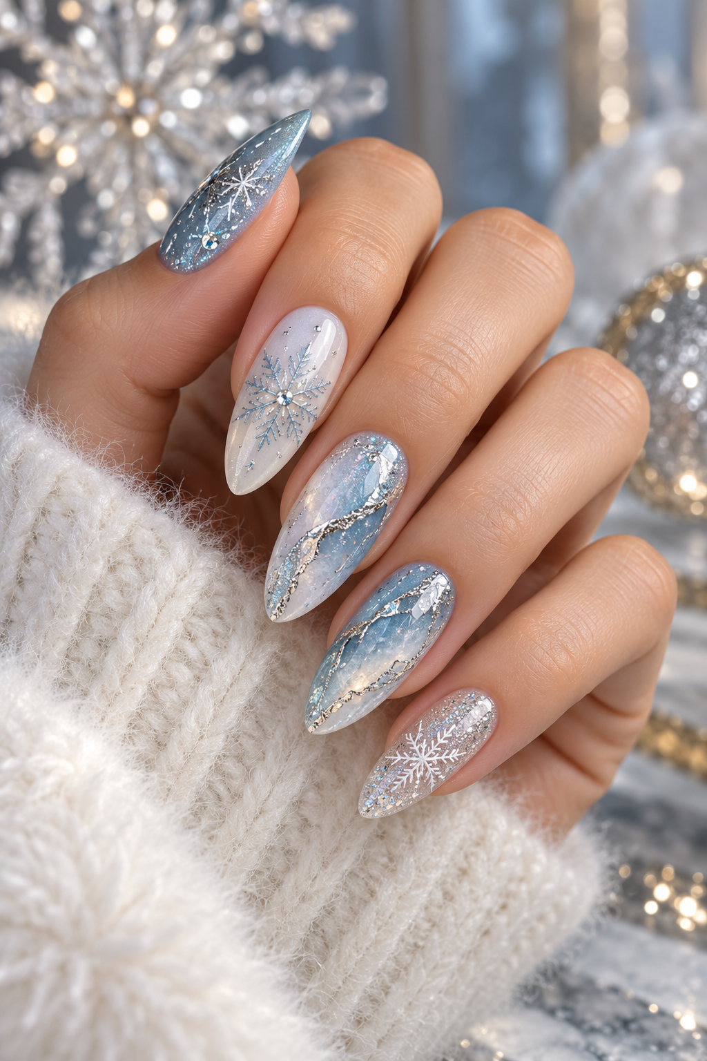 snowflake nails: long almond snowflake nails