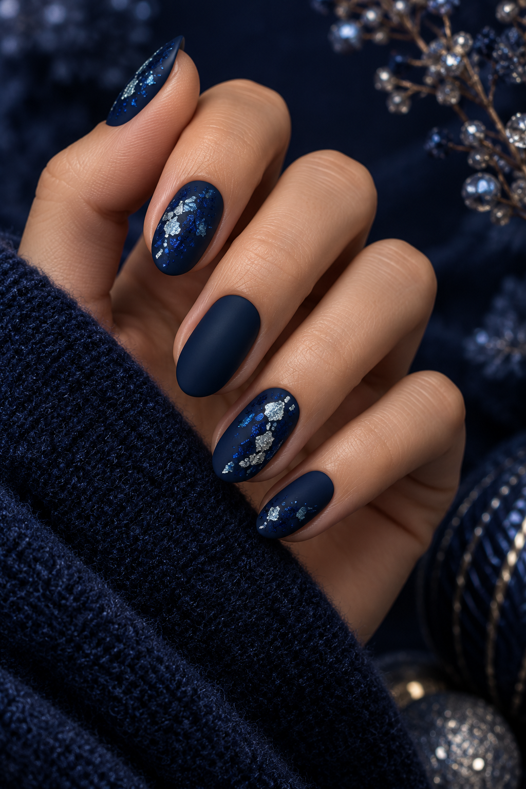 snowflake nails: matte navy with glossy flakes