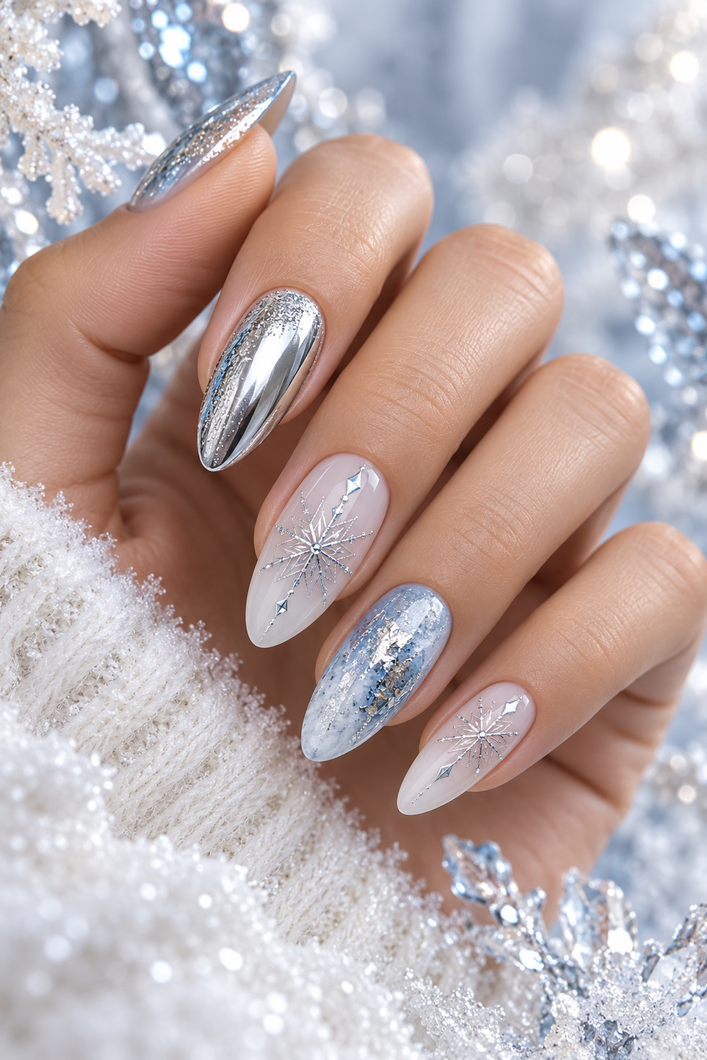 snowflake nails: silver foil and snowflake detail