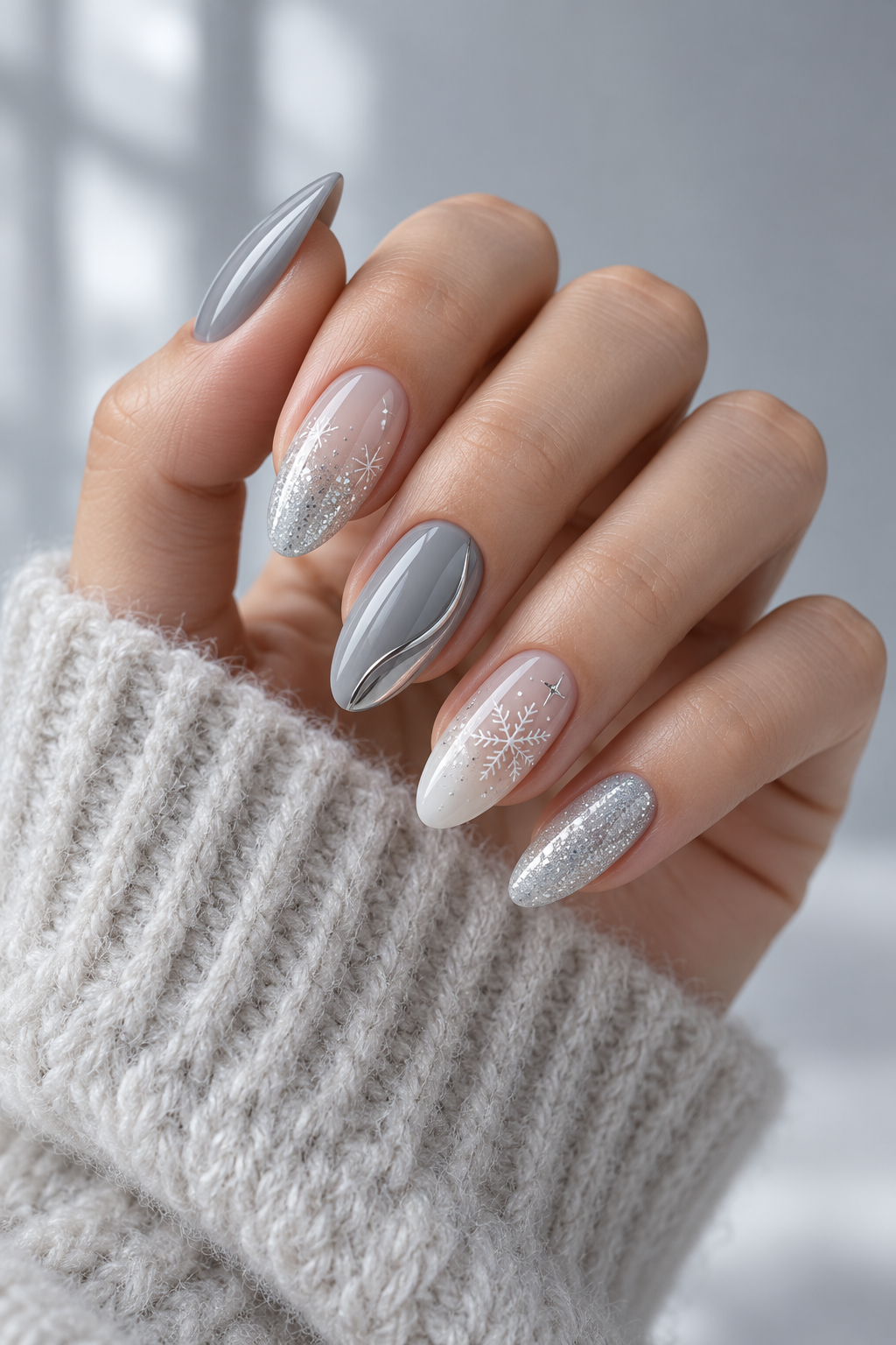 snowflake nails: soft gray winter nail art