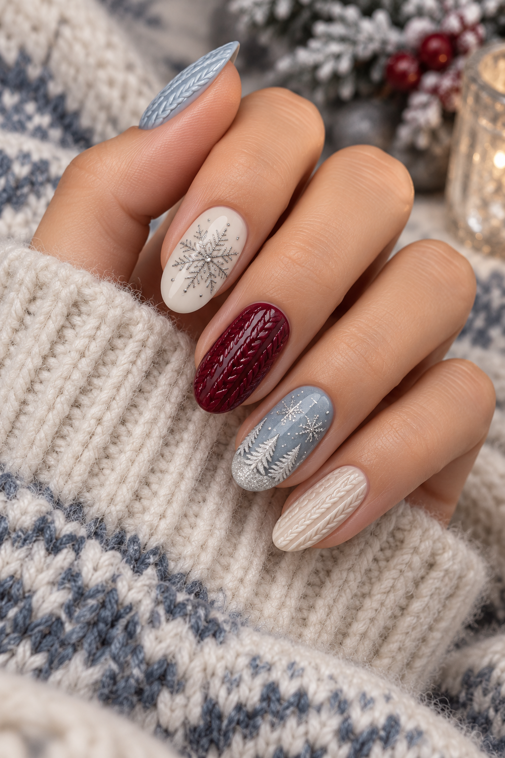 snowflake nails: snowflake sweater-inspired texture