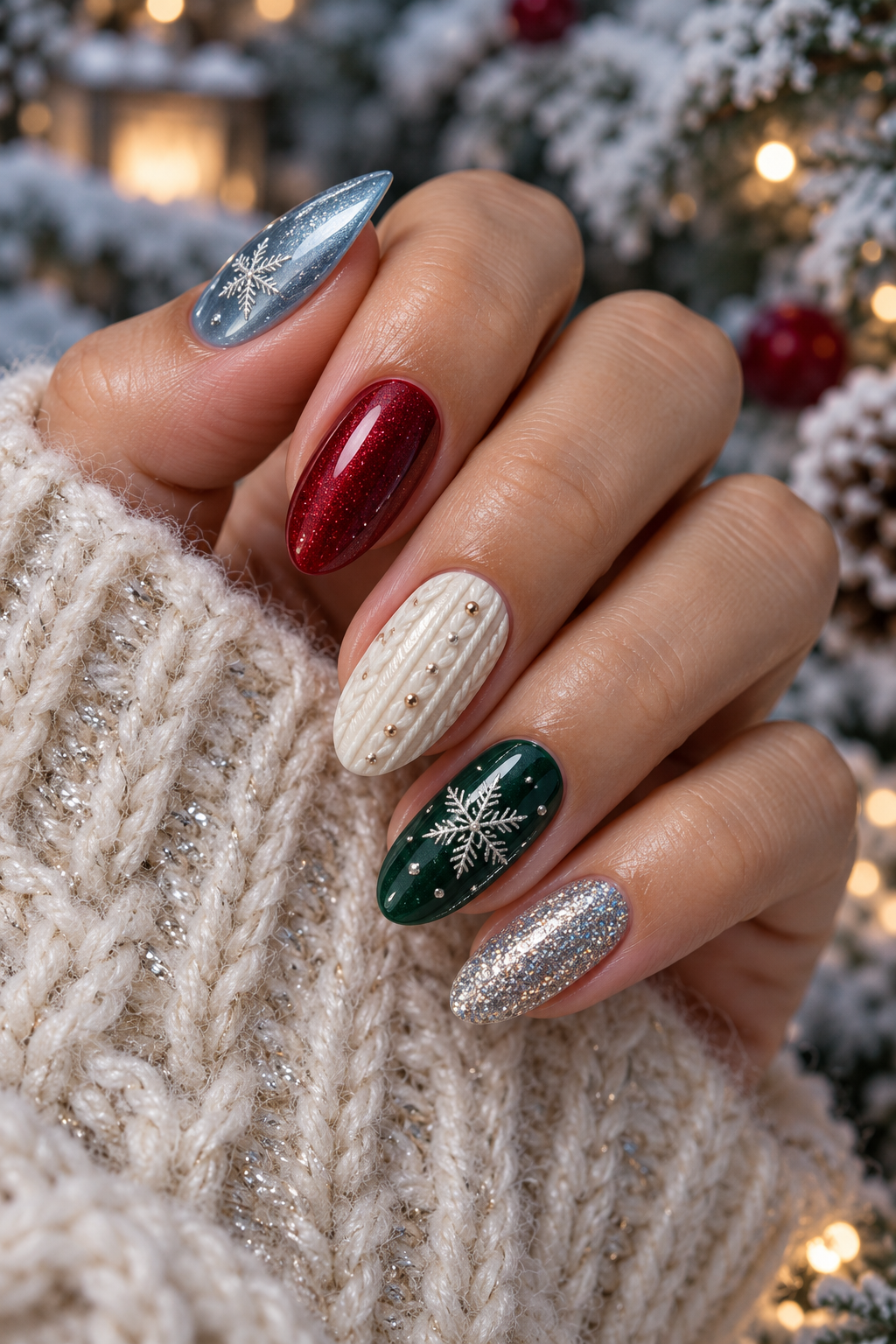 snowflake nails: playful mixed winter manicure
