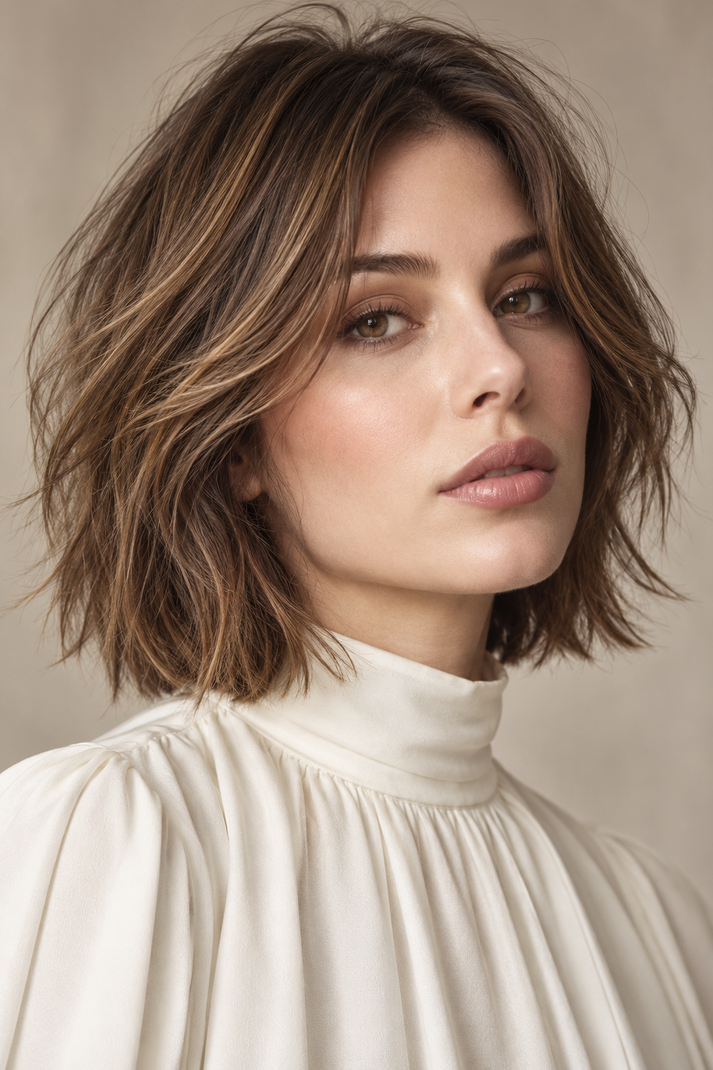 textured layers with curtain bangs: textured collarbone layers