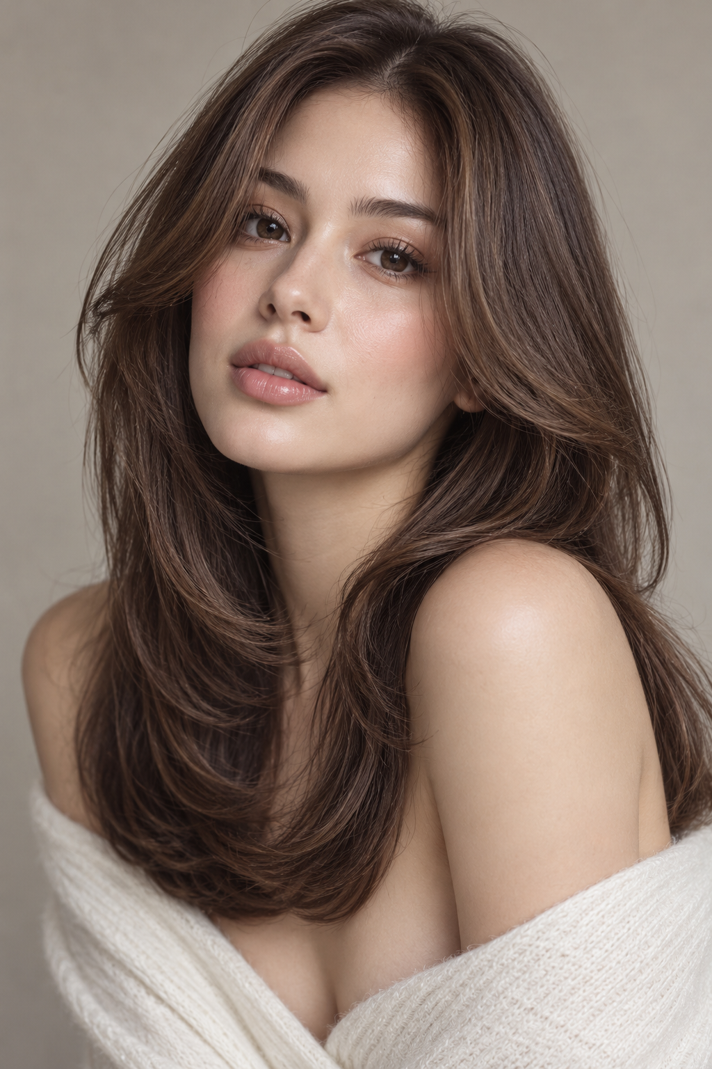 textured layers with curtain bangs: polished layers with inward ends