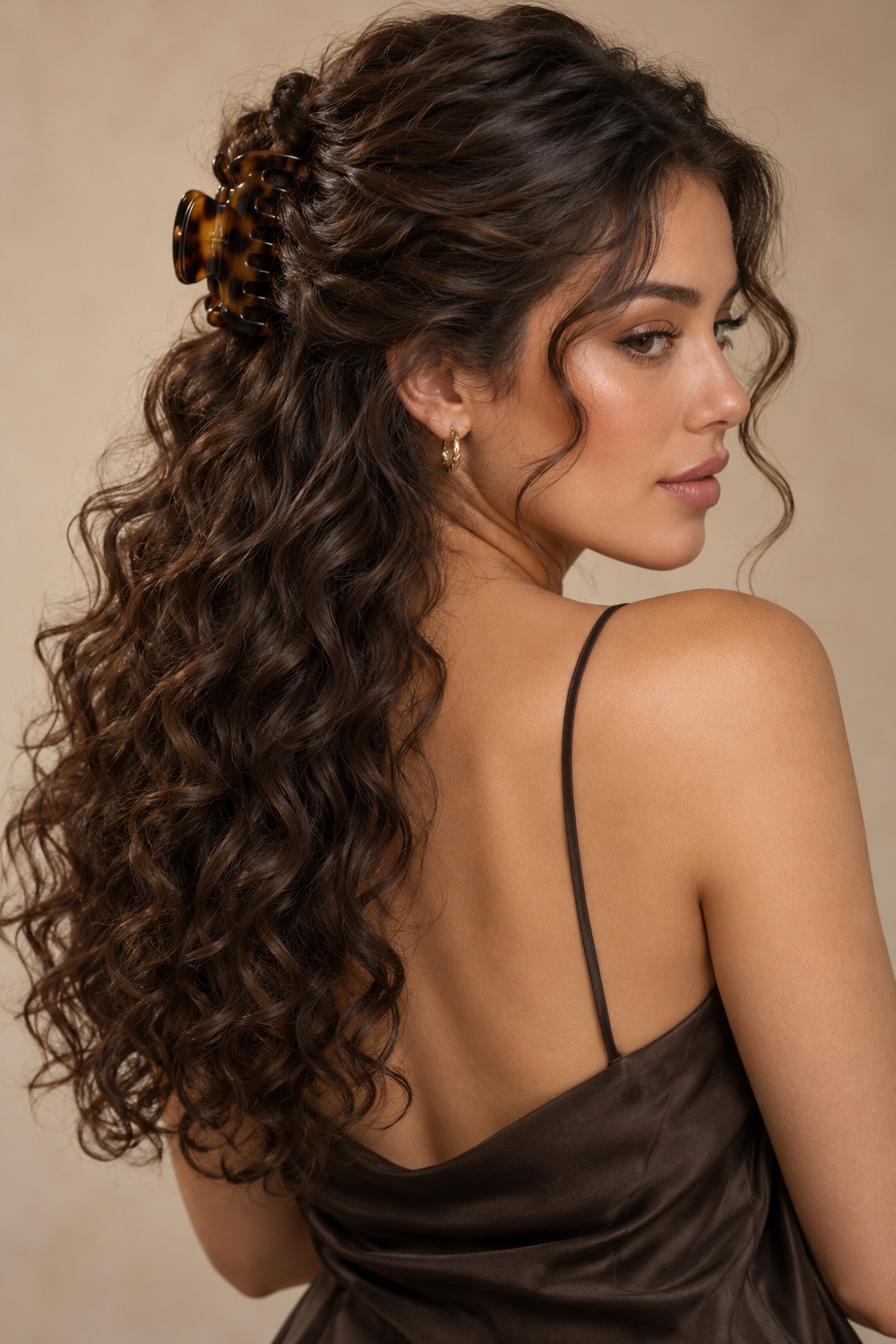 Thanksgiving hairstyles curly half-up with claw clip