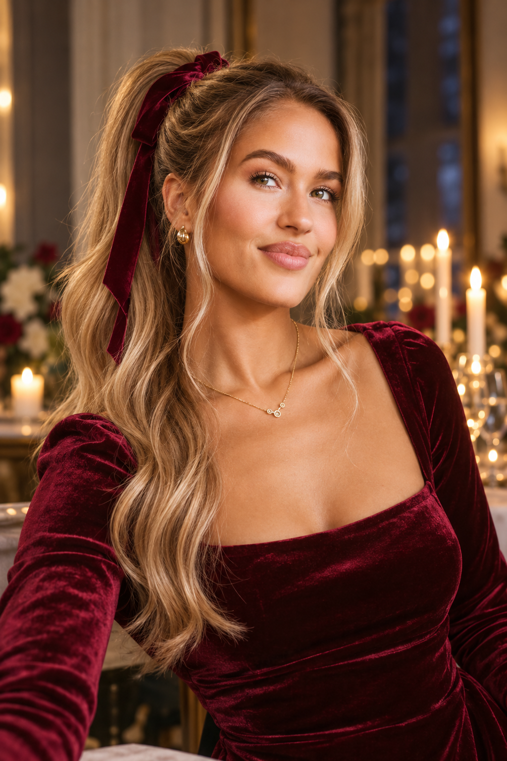 Velvet Ribbon Ponytail winter wedding guest hairstyles