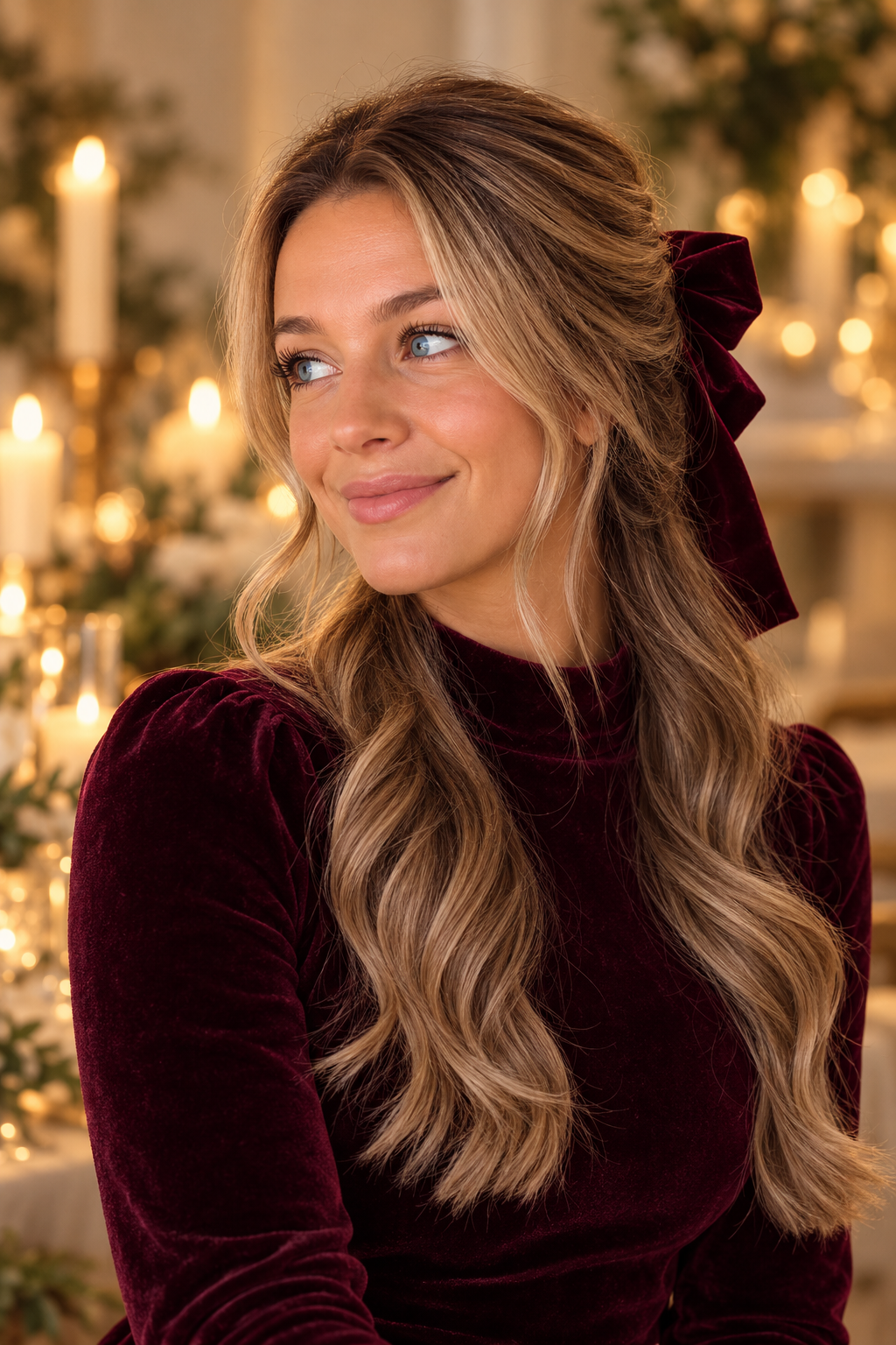 Half-Up Velvet Bow winter wedding guest hairstyles