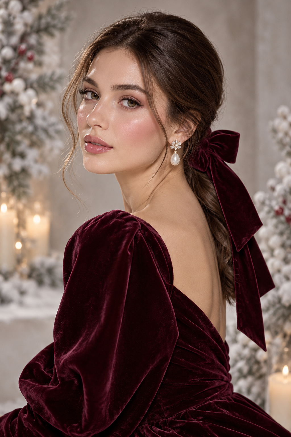 winter wedding guest hairstyles: velvet bow low ponytail