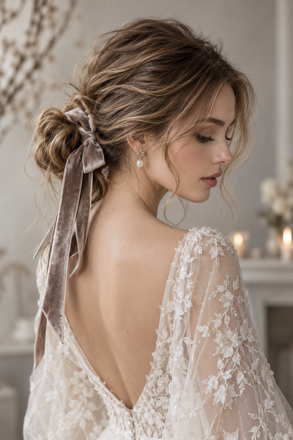 winter wedding guest hairstyles: low messy bun with velvet ribbon