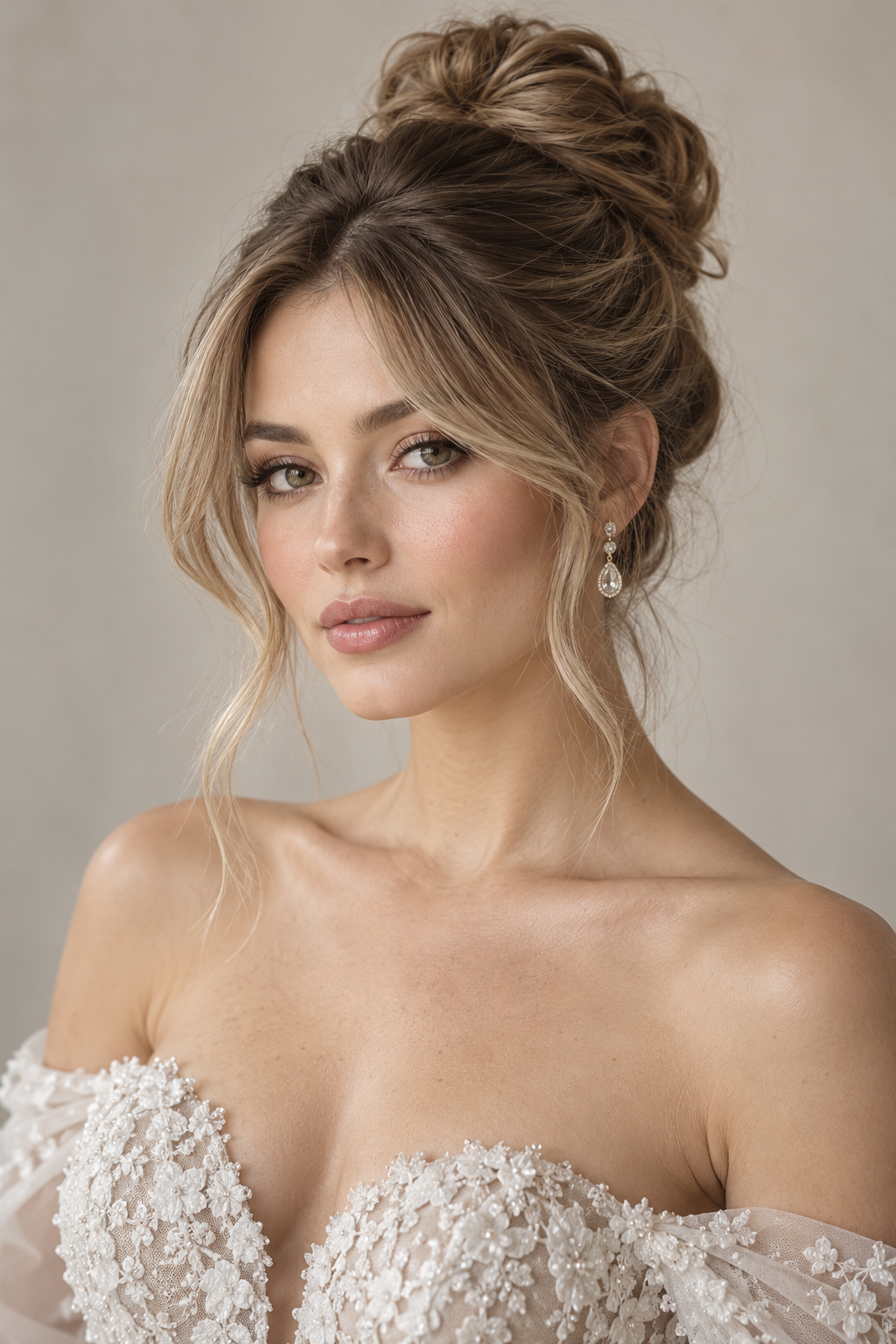 winter wedding guest hairstyles: high bun with curtain bangs