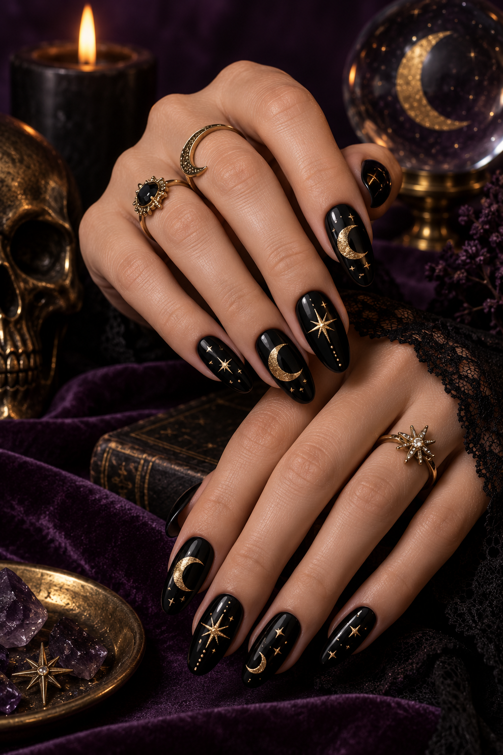 witchy Halloween nails with witch hat details