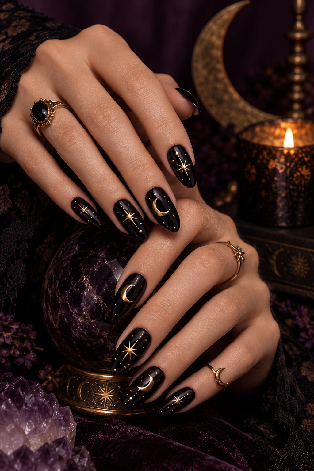 witchy Halloween nails with moon phases