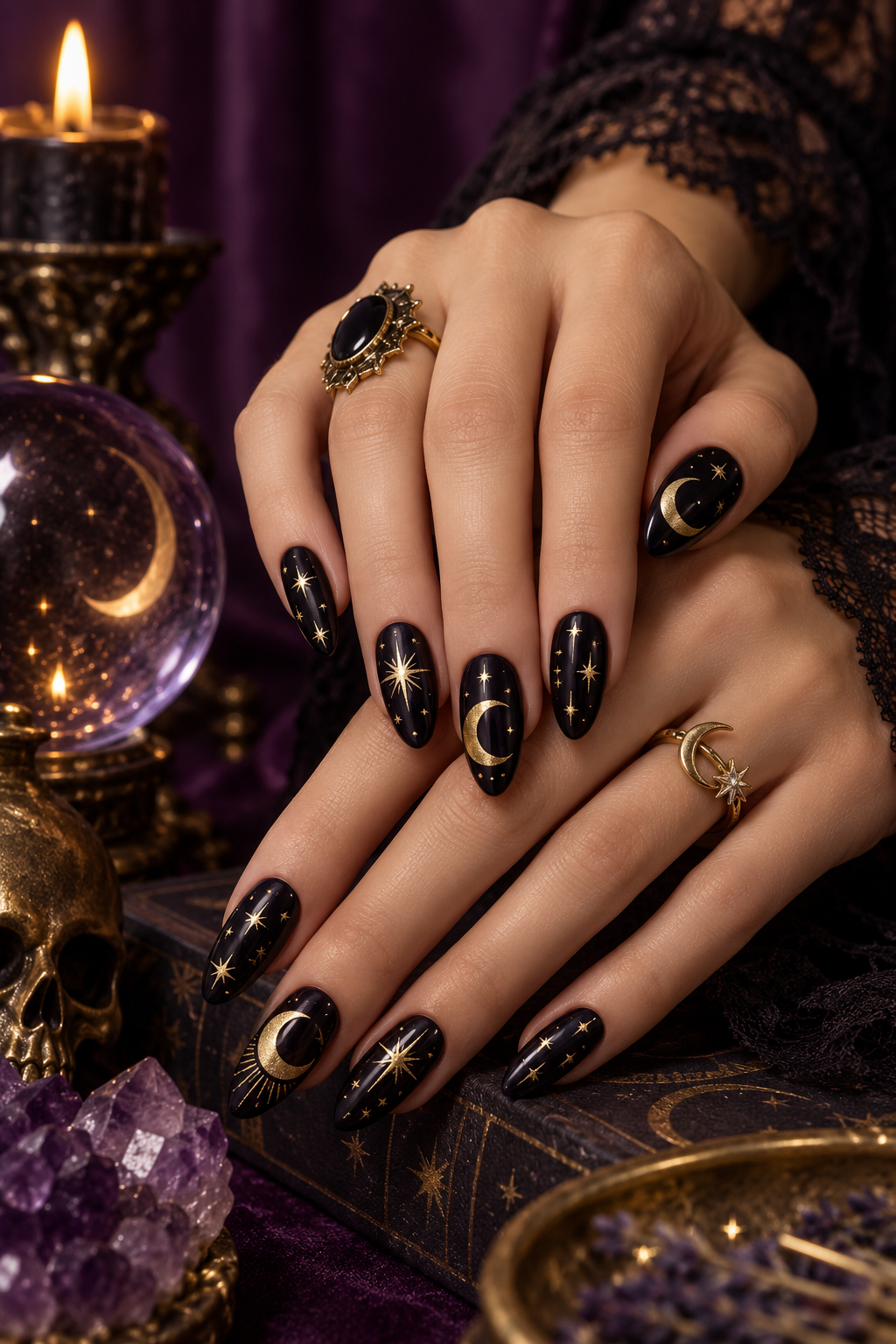 witchy Halloween nails with mystical letter details