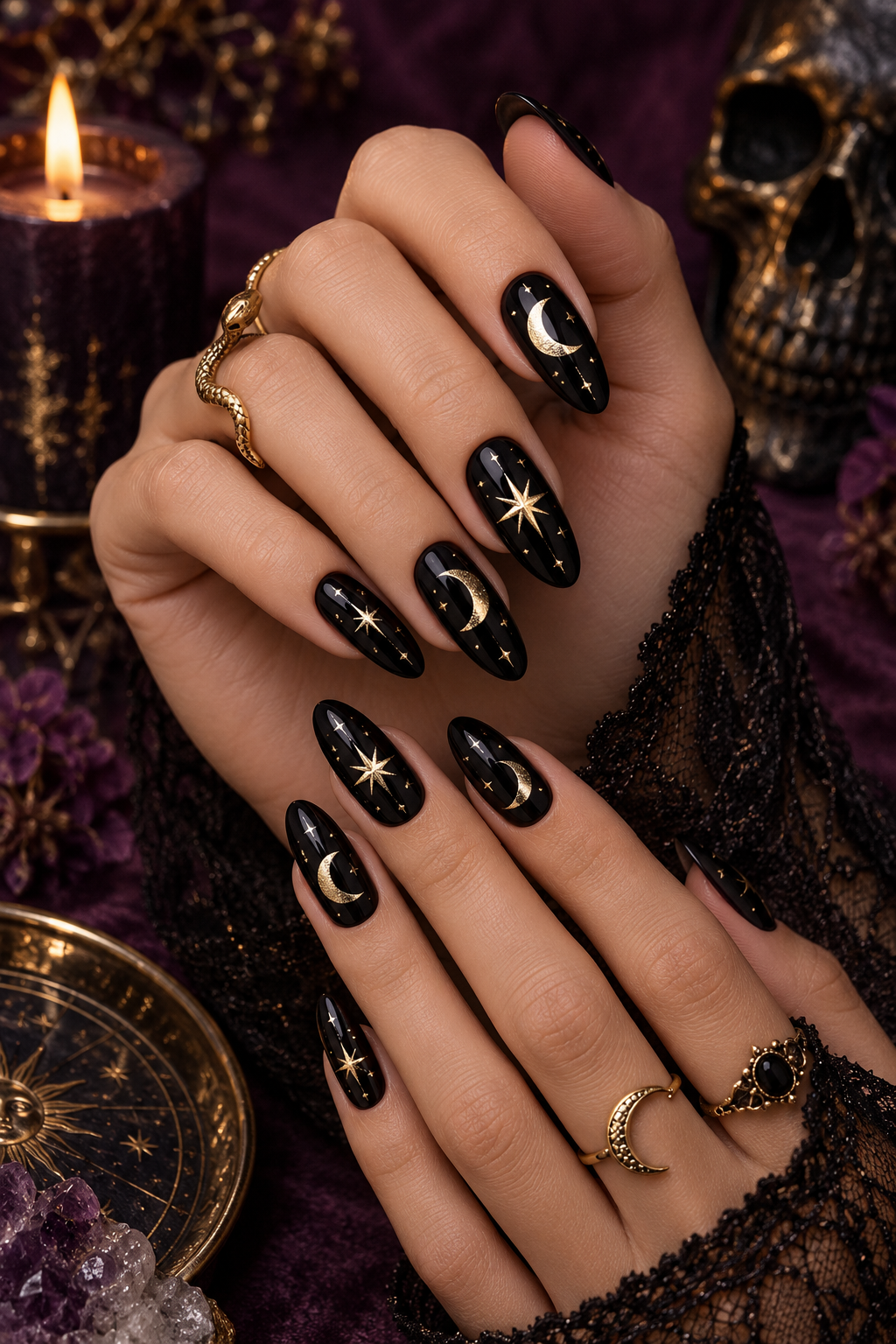 witchy Halloween nails with black flame accents
