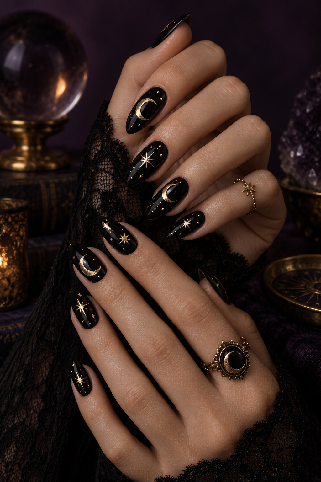 witchy Halloween nails with spider web details