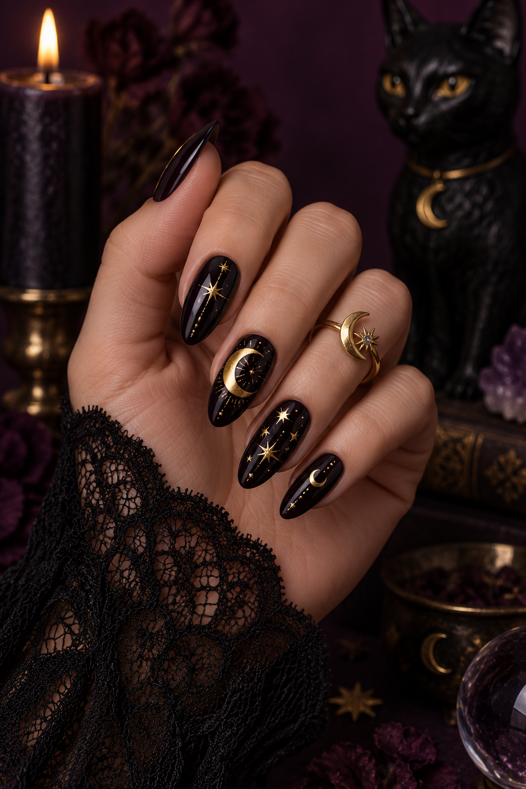 witchy Halloween nails with gradient night skies