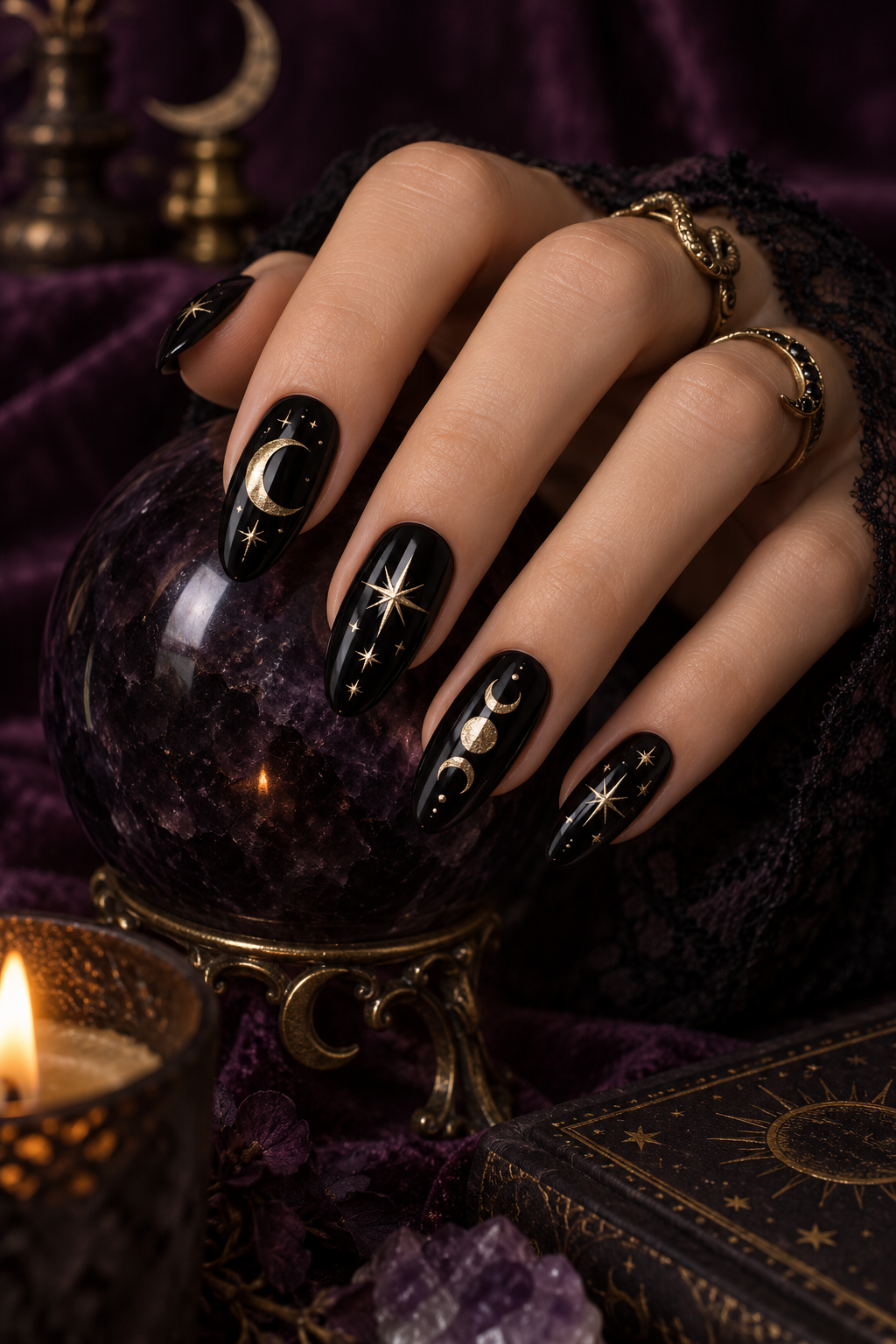 witchy Halloween nails with tarot motifs
