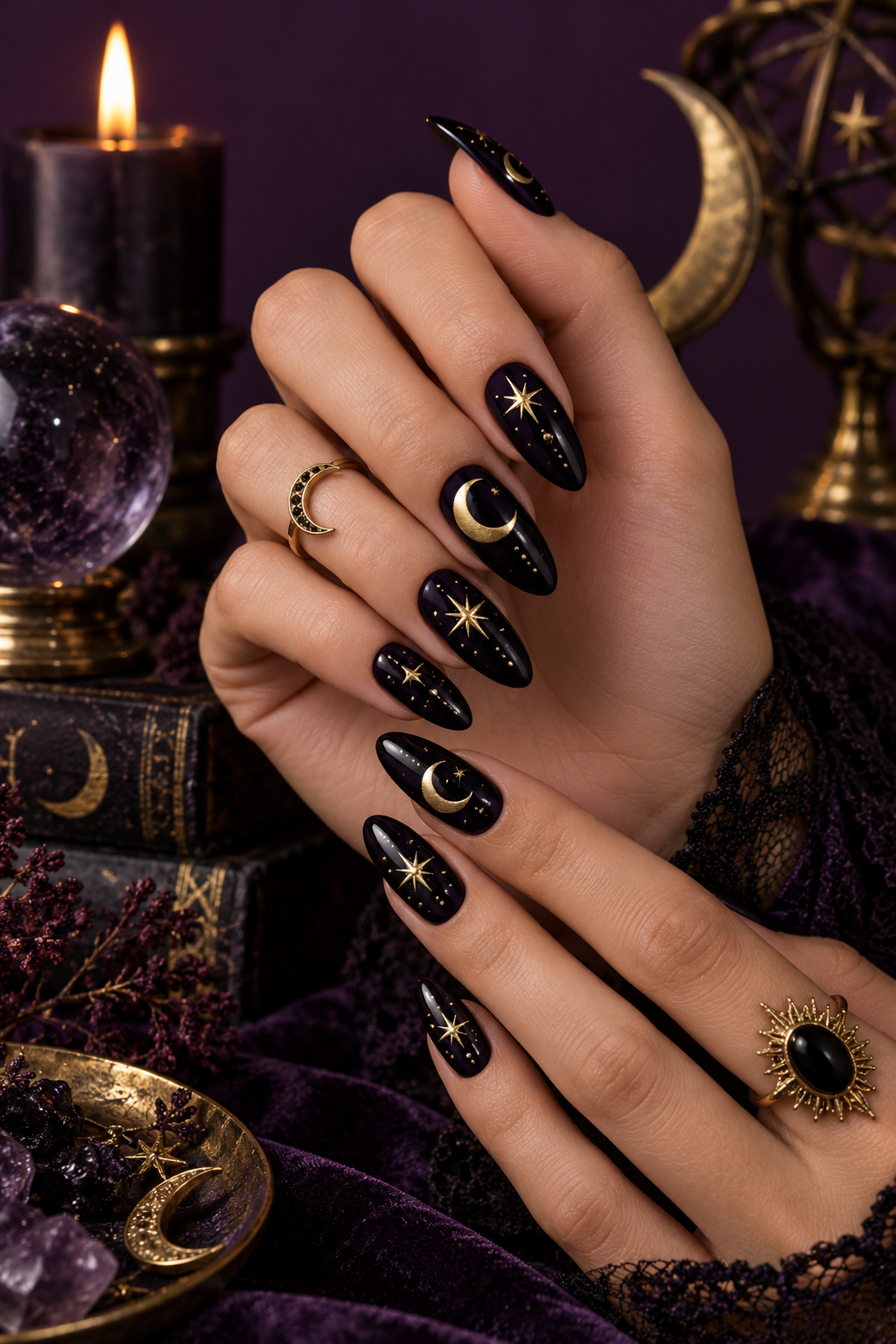 witchy Halloween nails with poison apple red