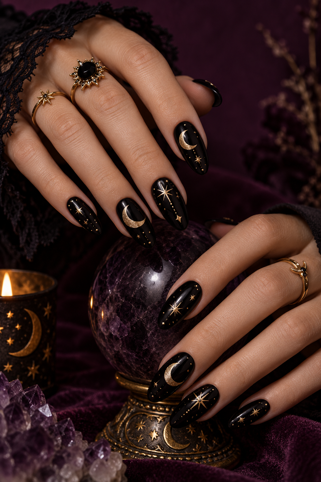 witchy Halloween nails with gothic lace