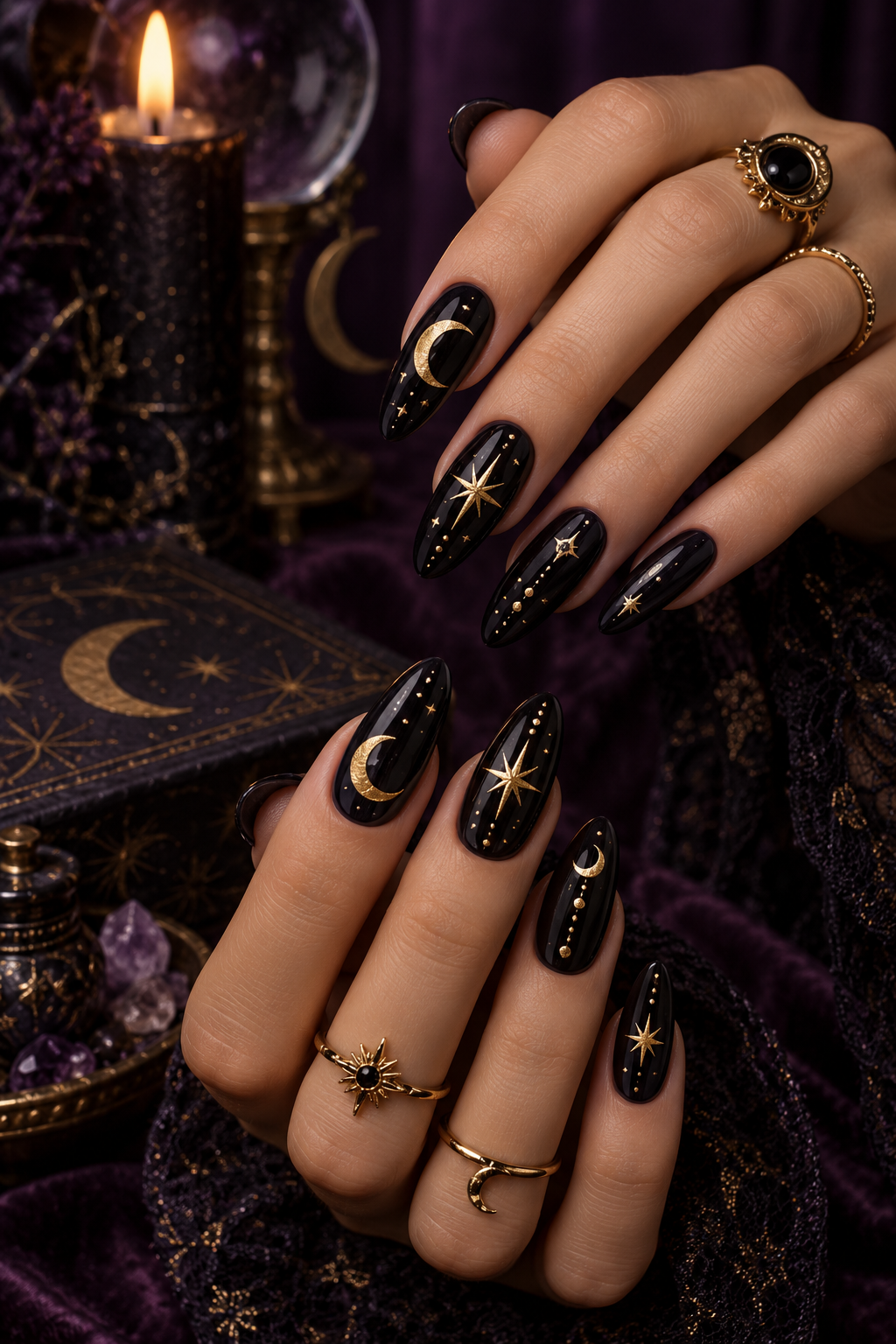 witchy Halloween nails with celestial stars