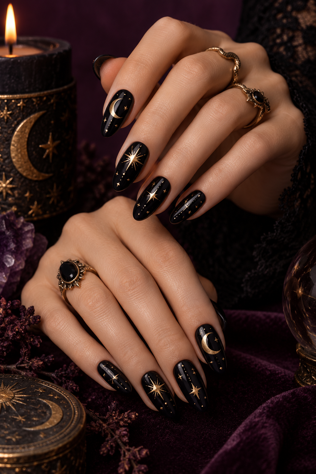 witchy Halloween nails with silver spellwork