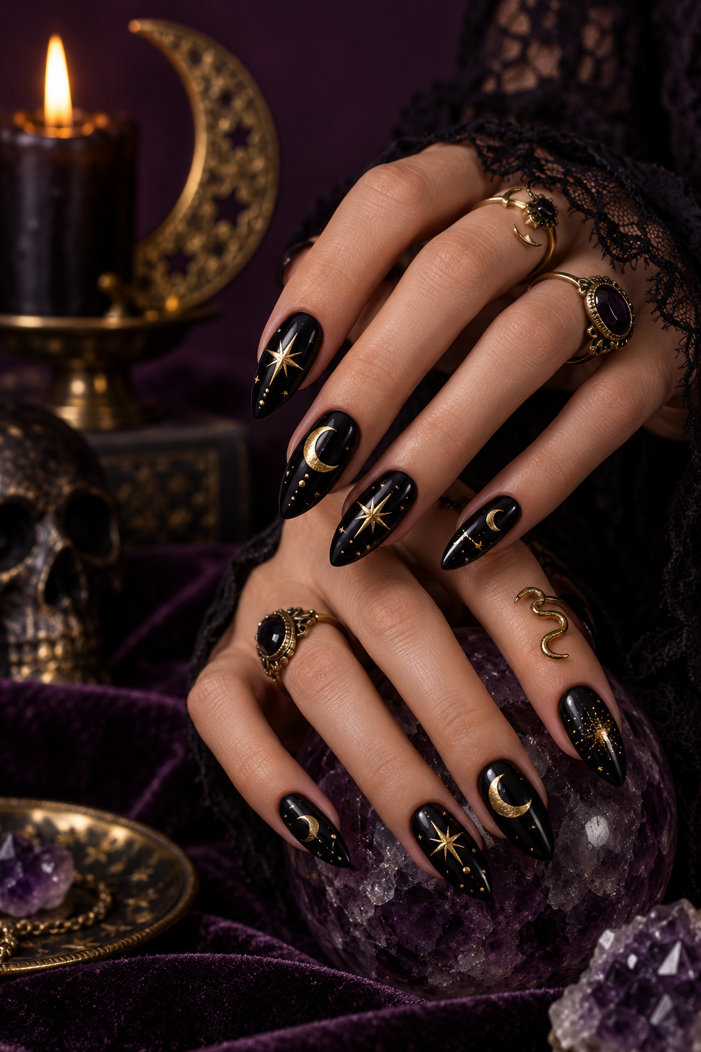 witchy Halloween nails with chrome moonlight