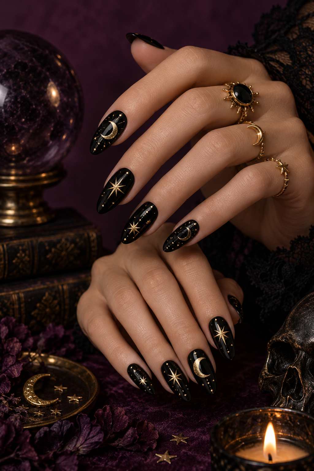 witchy Halloween nails with celestial details