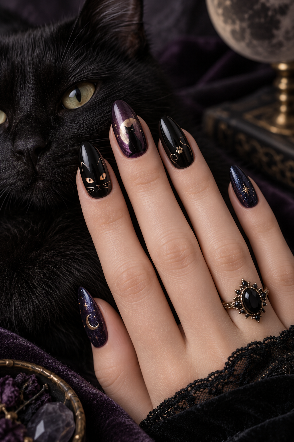 Black Cat Nails witchy Halloween nails