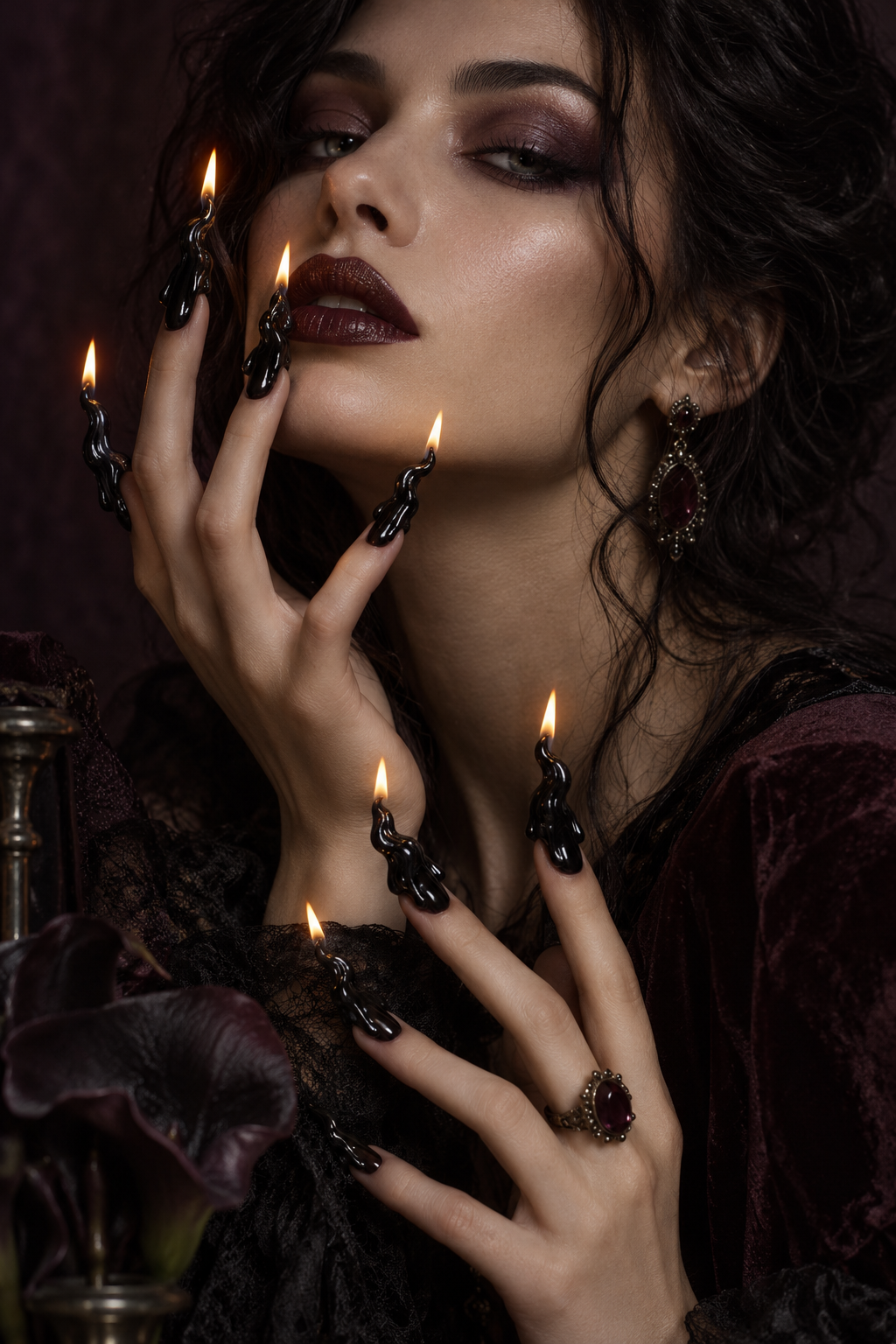 Black Flame Candles witchy Halloween nails