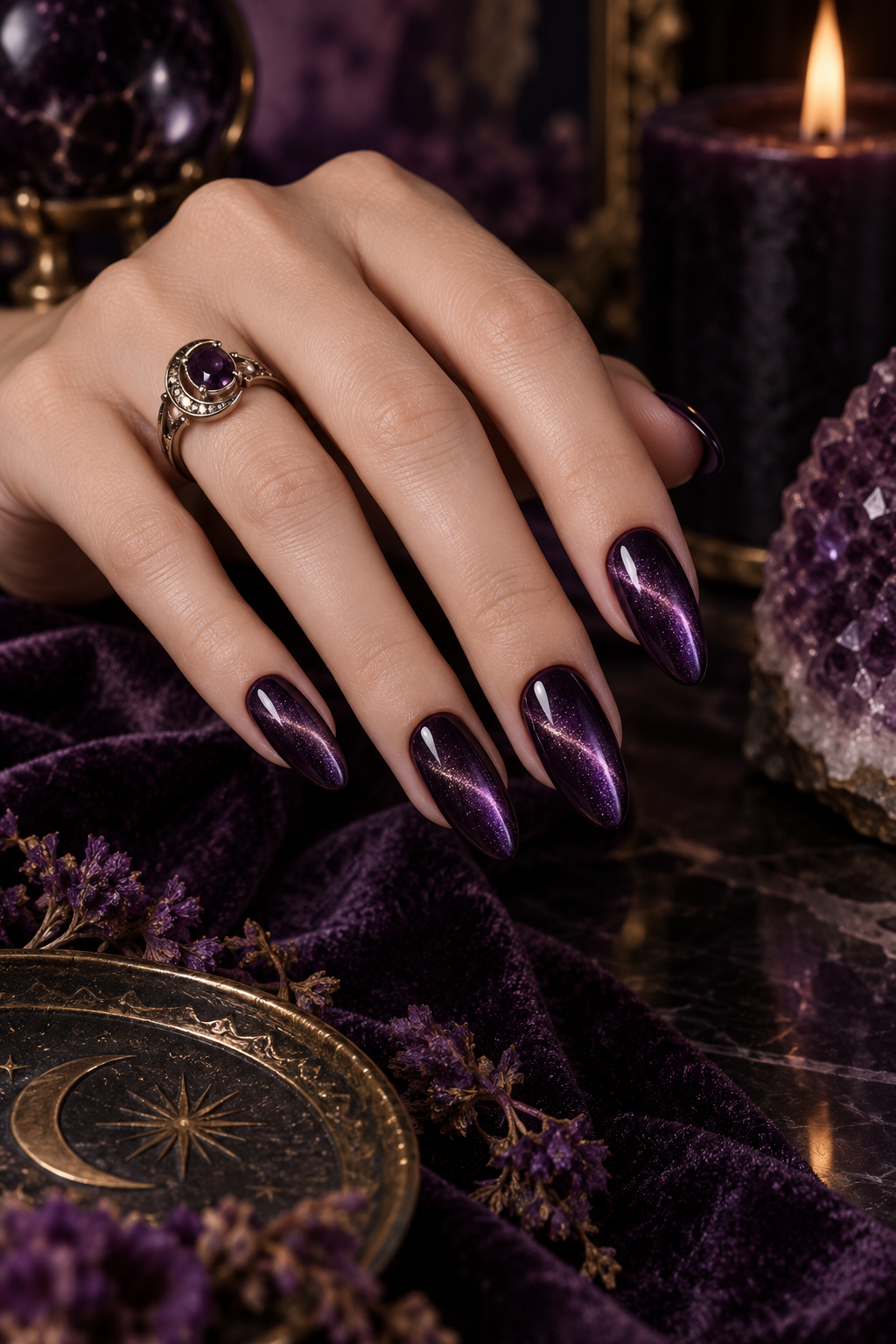 Witchy Purple Cat-Eye witchy Halloween nails