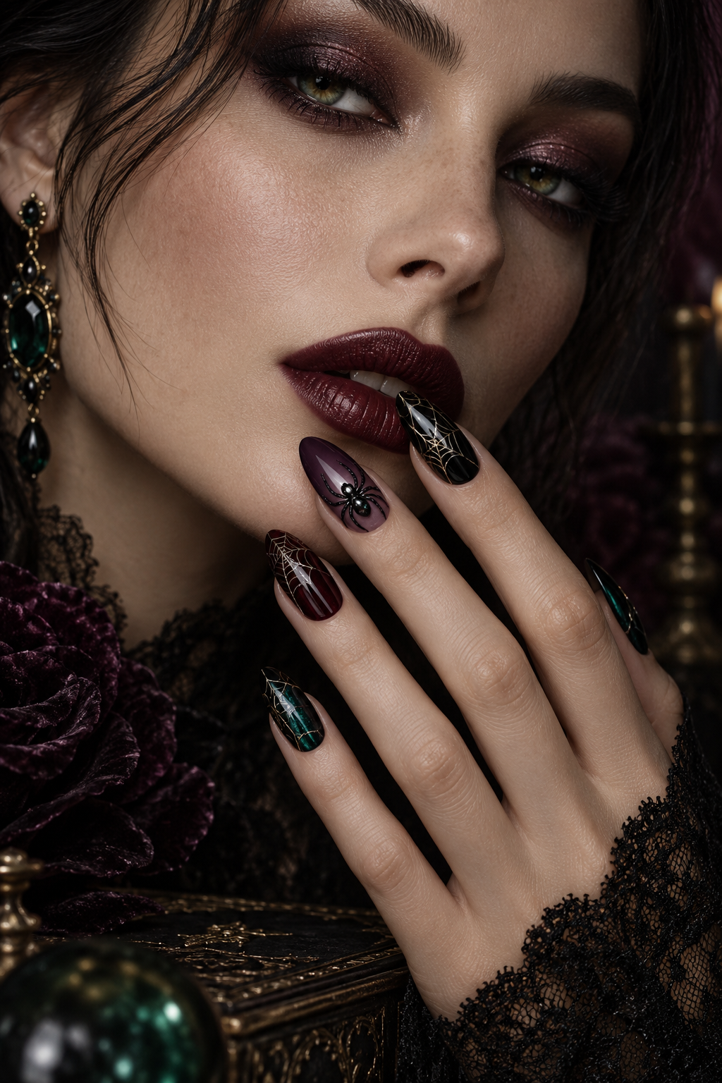 Spider and Web witchy Halloween nails